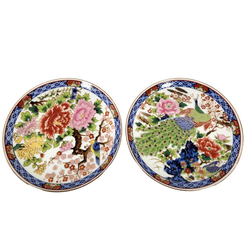 VTG Pair of Imari Ware 6.25" Plates Blue Floral Bird Peacock Gold Trim Set of 2